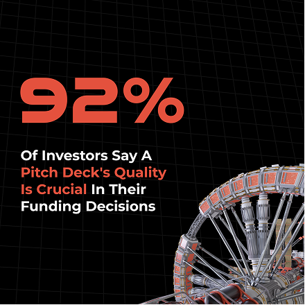 A large red "92%" above the line "Of investors say a pitch deck's quality is crucial in their funding decisions," with a Ferris wheel structure on the right, on a dark grid background.