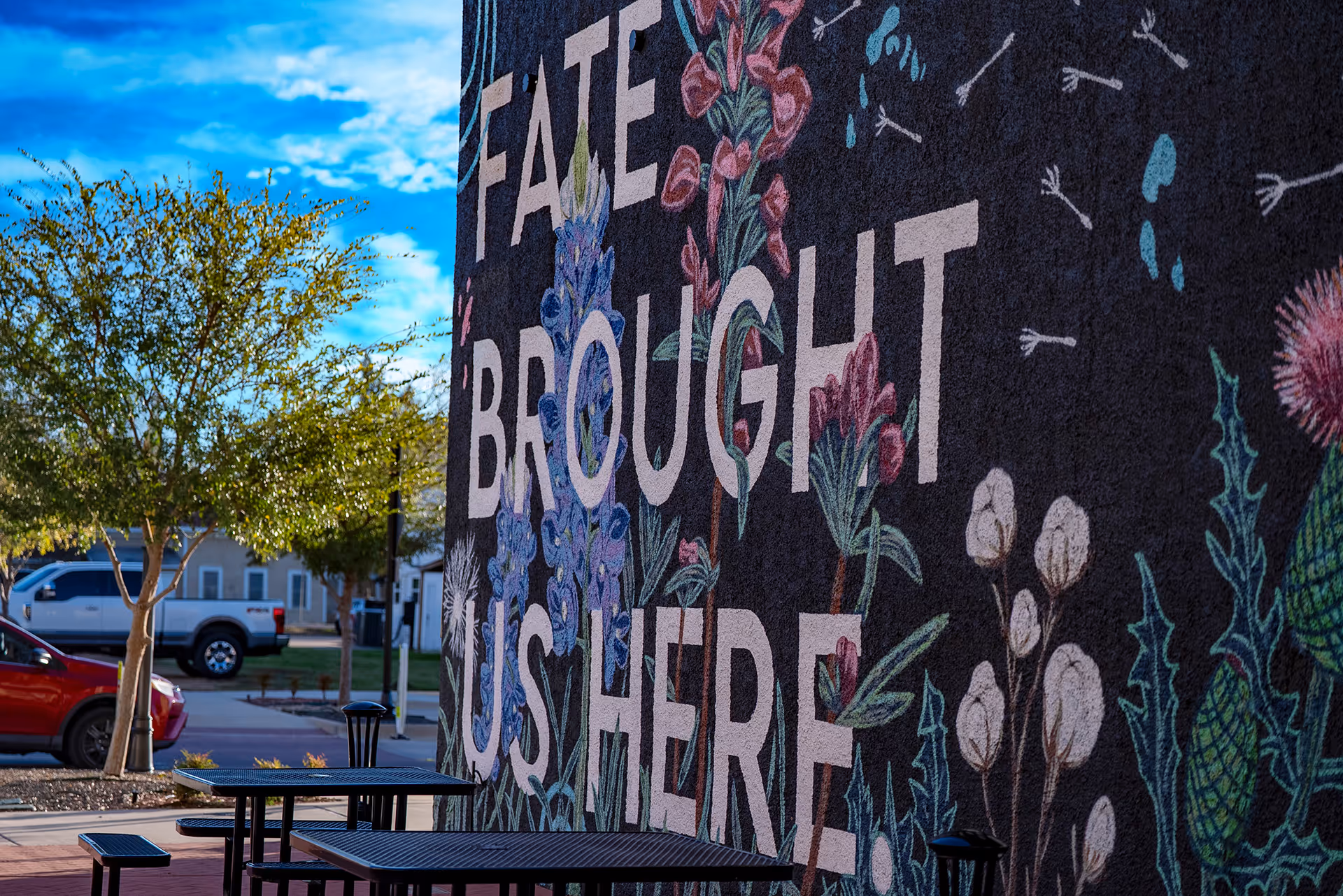 Mural on a building wall with floral designs and the words 'FATE BROUGHT US HERE', outdoor seating tables, trees, and parked cars nearby.