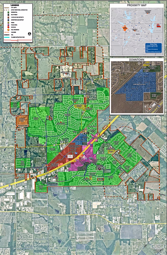 Detailed city map showing residential, multi-family, and commercial zones with labeled subdivisions, a legend, downtown area, and proximity map.