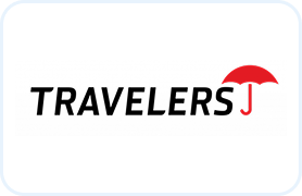 Travelers insurance company logo with red umbrella.