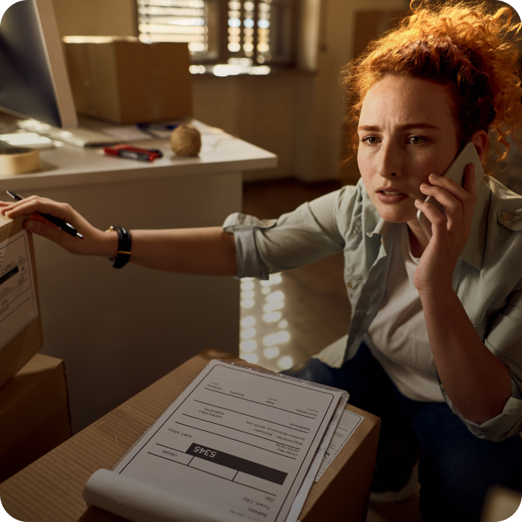 Worried woman on phone in a room filled with shipping boxes and paperwork, possibly handling a product recall.