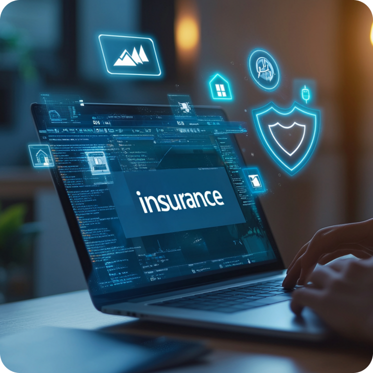 Laptop screen displaying the word 'insurance' with digital icons of a shield, house, and other symbols floating around it, symbolizing cybersecurity and protection.