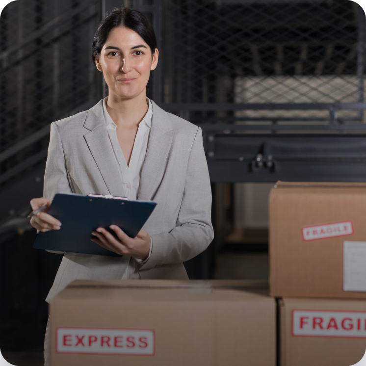 Woman in gray blazer holding a clipboard standing behind cardboard boxes labeled 'EXPRESS' and 'FRAGILE' in a warehouse setting.