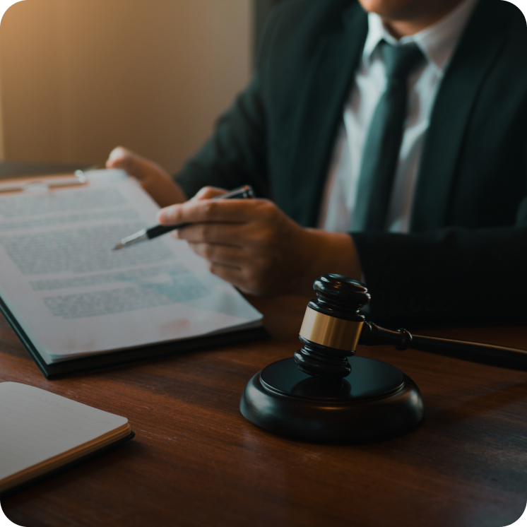 Person in a suit holding a pen and reviewing a document with a judge's gavel on the wooden desk.