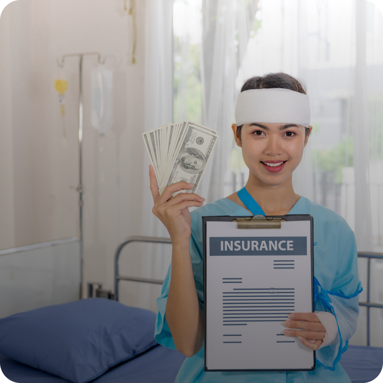 Smiling female patient with a head bandage holding a clipboard labeled 'INSURANCE' in one hand and fanned US dollar bills in the other inside a hospital room.