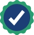 White check mark inside a blue circle with a green background.