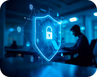Holographic shield with a lock symbol representing cybersecurity in front of a person working on a laptop.