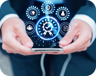 Businessperson holding smartphone with glowing digital security and technology icons hovering above.