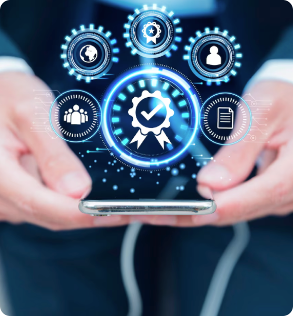 Person holding a smartphone with glowing blue digital icons representing certification, user profiles, globe, team, and documents floating above the device.