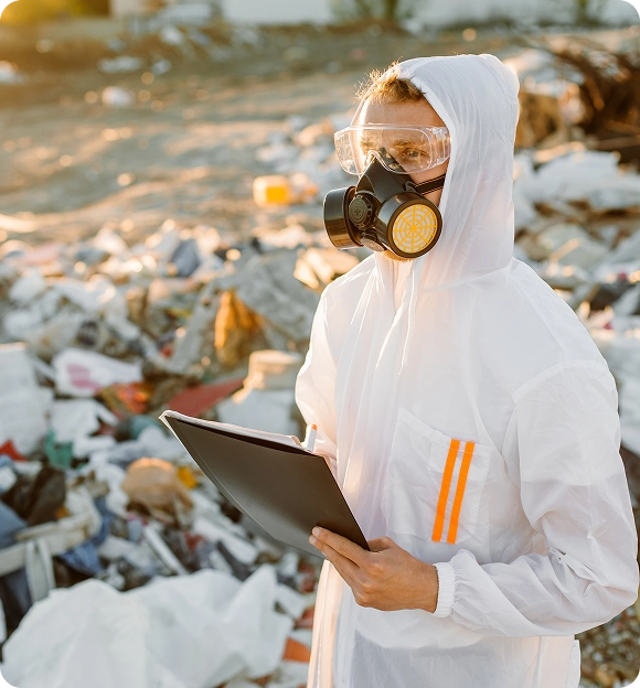 Person in protective suit, goggles, and gas mask holding a clipboard while inspecting a pollution site with scattered debris.