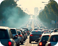 Heavy traffic congestion with multiple lanes of cars on a city street lined with trees and lamp posts.