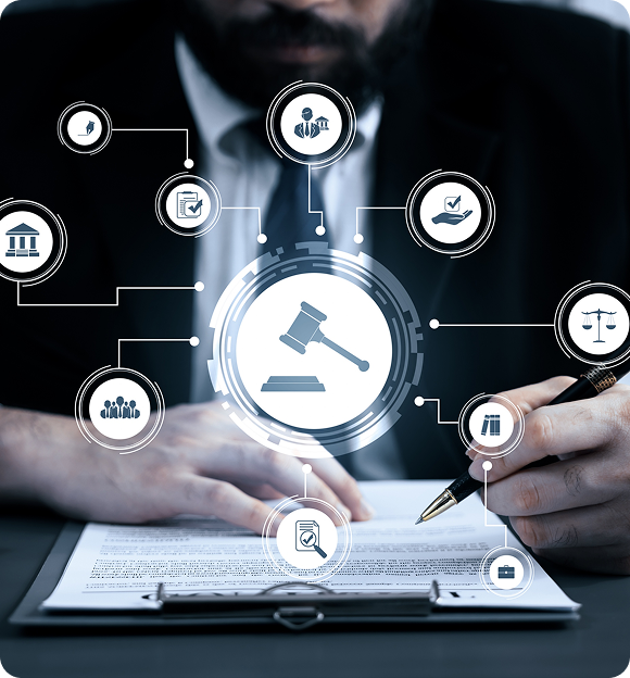 Person in suit signing a document on a clipboard with overlaid legal icons including a gavel, scales of justice, courthouse, and checklist.