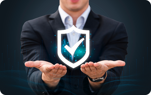 Person in suit holding out hands with illuminated shield and checkmark icon representing security or protection.