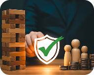 Hand adjusting wooden block in a tower next to chess pawns and coins with a shield and green checkmark icon overlay.