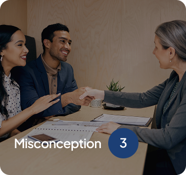 Two people shaking hands with a woman across a table in a professional setting with the word 'Misconception' and the number 3 overlayed.
