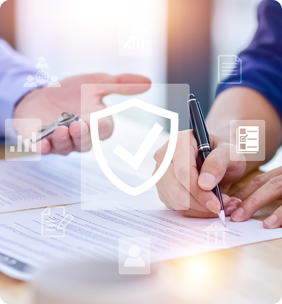 Person signing a document with a pen while another holds keys, overlaid with transparent security and checklist icons.