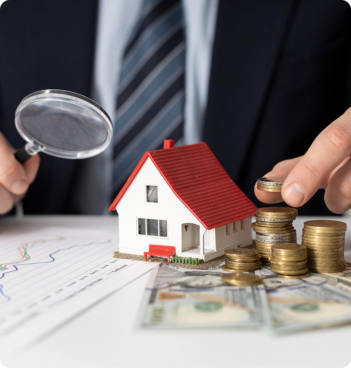 Person in suit examining a small model house with a magnifying glass while stacking coins next to it on a desk with financial charts and dollar bills.