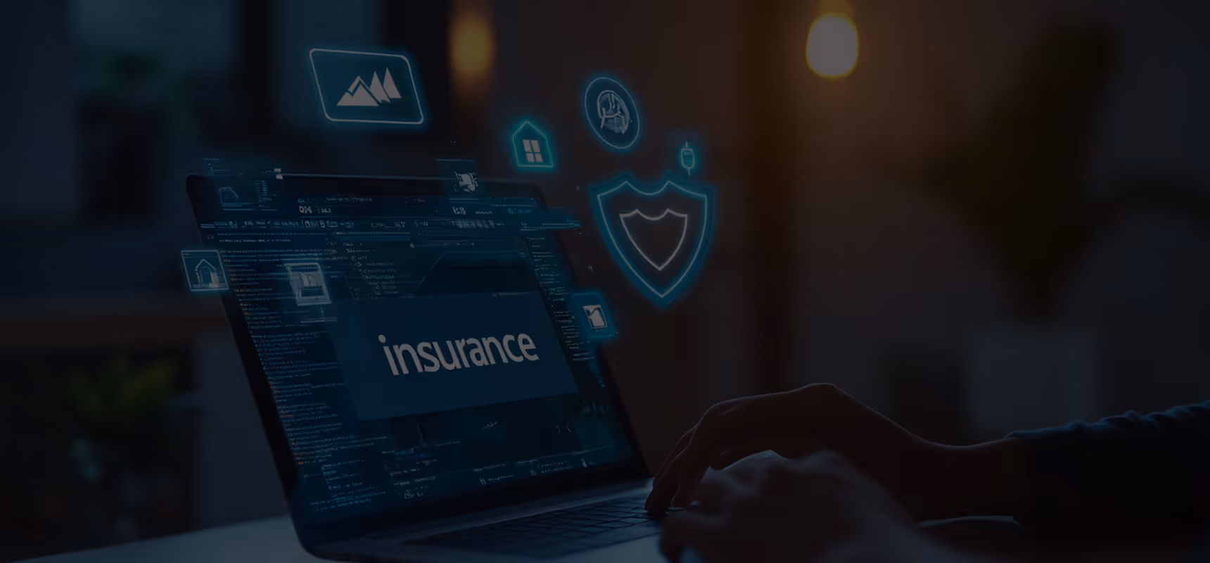 Person typing on a laptop with a digital insurance interface and glowing security icons floating above the screen.
