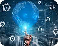 Hand pointing at a digital globe surrounded by shield icons representing network security connections.
