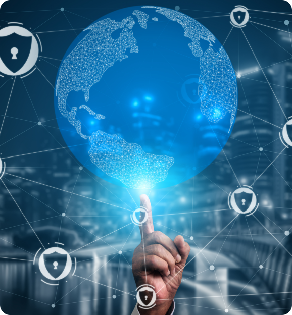 Hand pointing upward towards a digital globe with interconnected security shield icons representing global network security.