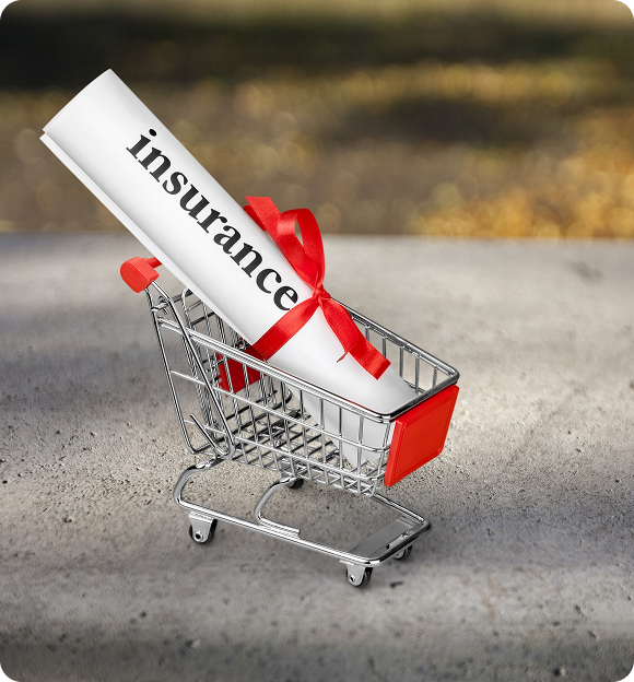 Mini shopping cart holding a rolled paper labeled 'insurance' tied with a red ribbon, placed on a concrete surface.