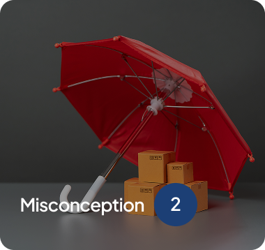 Red umbrella shielding stacked cardboard boxes with the word 'Misconception' and a blue circle with number 2.