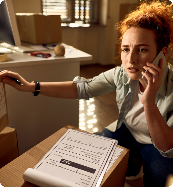 Worried woman with curly red hair talking on phone while handling a package with shipping documents in an office setting.