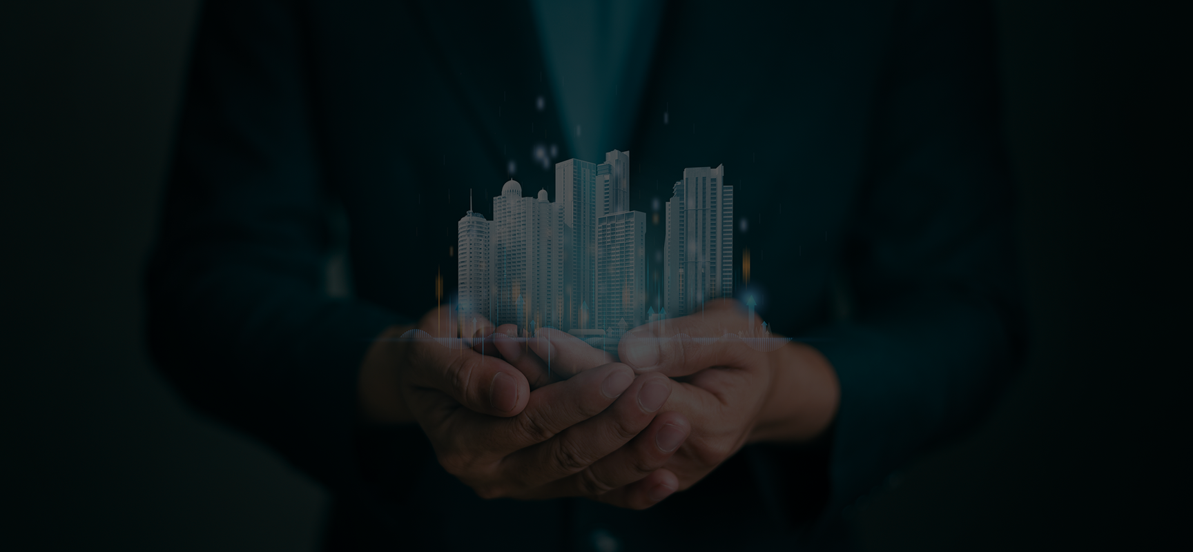 Close-up of hands cupping a digital hologram of a city skyline with skyscrapers and glowing data points.