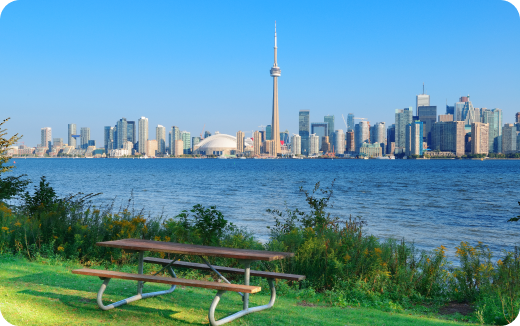 Picnic table on grassy shore with green bushes overlooking Toronto skyline and CN Tower across the water under clear blue sky.
