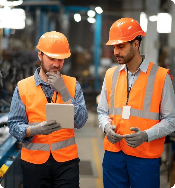 Two male factory workers in orange safety vests and helmets reviewing a tablet together on the factory floor.