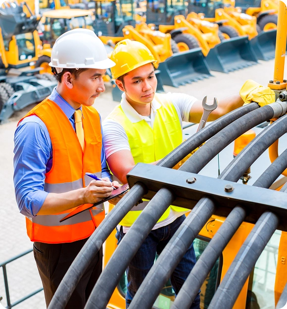 Two construction workers wearing safety helmets and vests inspecting machinery with large hydraulic hoses, one holding a wrench and the other writing on a clipboard.
