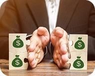 Person in business suit separating stacks of dollar sign money bags with their hands on a wooden table.
