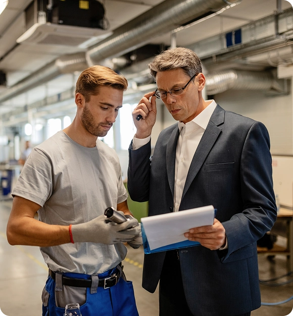 A worker in a gray t-shirt and gloves discussing a tool with a man in a suit holding a clipboard in an industrial setting.