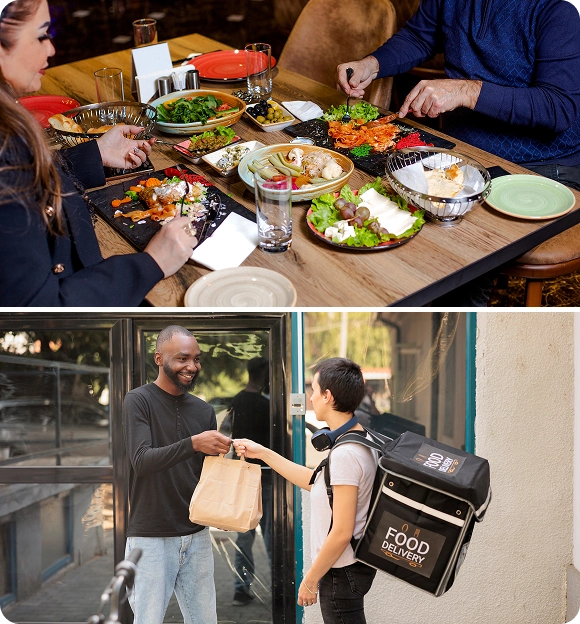 Top image shows two people dining at a table with various dishes including salad, bread, and olives; bottom image shows a food delivery person handing a paper bag to a man at his door.