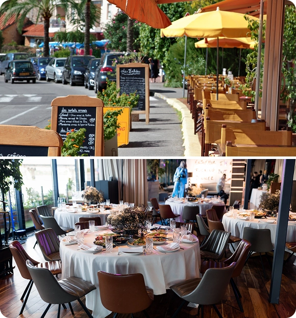 Comparison of small outdoor restaurant seating with wooden chairs and yellow umbrellas on a sidewalk, and a large indoor restaurant with round tables set for dining and decorative centerpieces.