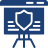 Blue shield icon on a tripod stand symbolizing protection or coverage.