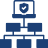 Blue organizational chart icon showing one top node connected to three lower nodes.