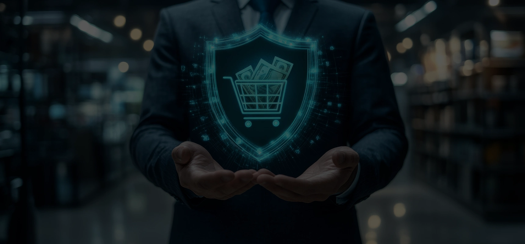 Person in suit holding a glowing digital shield with a shopping cart filled with money inside.