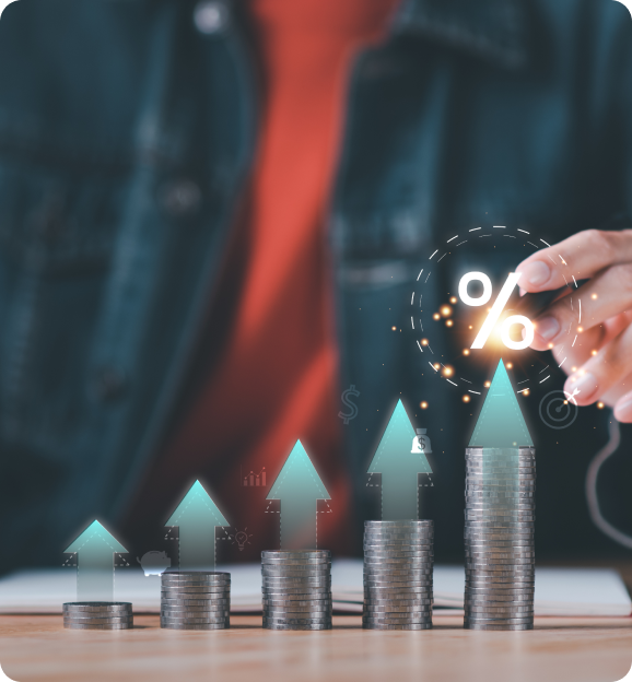 Stacked coins increasing in height with upward arrows and a hand drawing a glowing percentage symbol above the tallest stack.