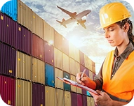 Worker in orange safety vest and yellow helmet writing on a clipboard near stacked shipping containers with airplane flying overhead.