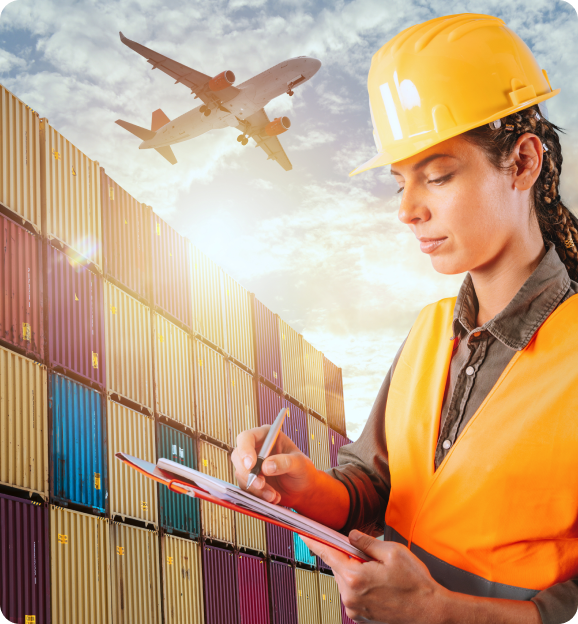 Woman in yellow hard hat and safety vest writing on a clipboard in front of stacked shipping containers with an airplane flying overhead at sunset.