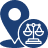 Blue icon of a map location pin combined with a balanced scales symbol representing legal jurisdiction or coverage territory.