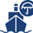 Blue ship icon with a clock above it indicating time or schedule.