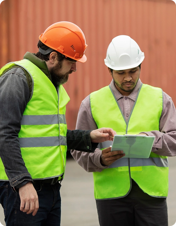 Two construction workers wearing safety vests and helmets reviewing a document on a clipboard.