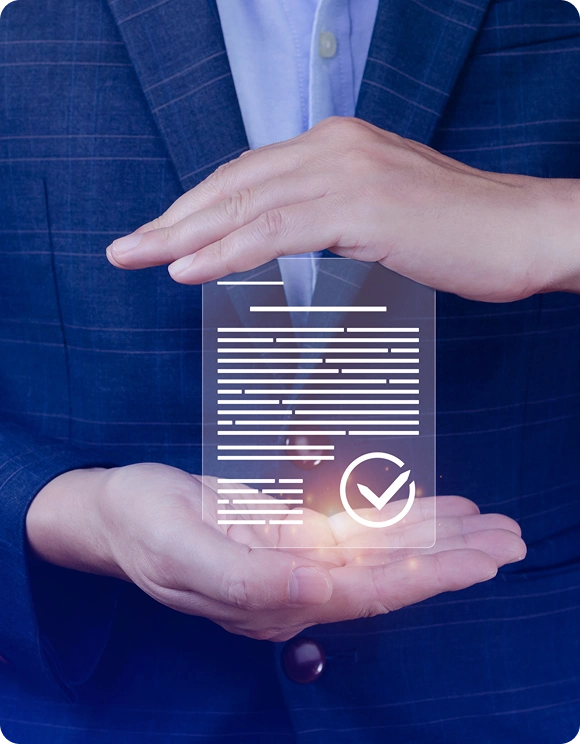 Person in a blue checkered suit holding a glowing digital document with a checkmark symbol between their hands.