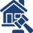 Icon of a house with a rising bar chart and a gavel in front, representing property disputes or real estate legal issues.