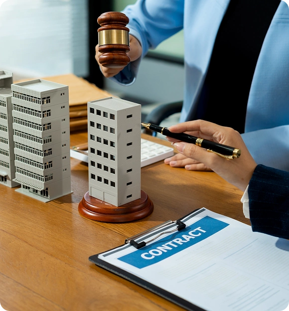 Person holding a gavel over a building model beside a contract on a clipboard on a desk.