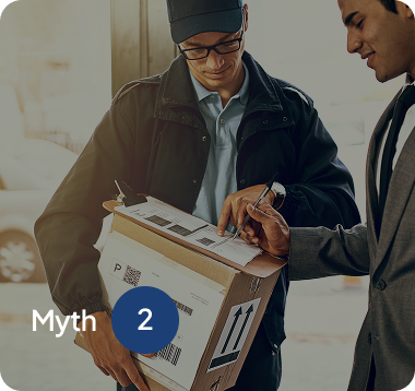 A delivery person in a cap and jacket holding a package while a customer in a suit signs a document on a clipboard.