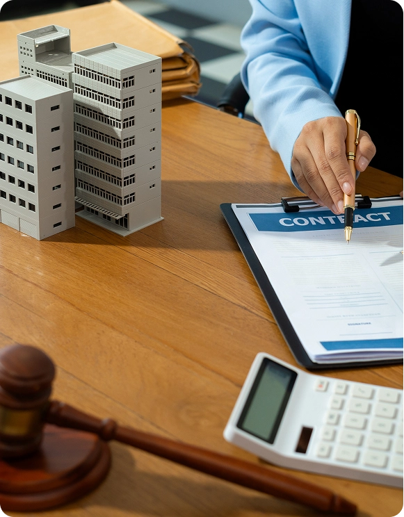 Person holding a pen over a contract on a clipboard on a wooden table with a building model, calculator, and gavel nearby.