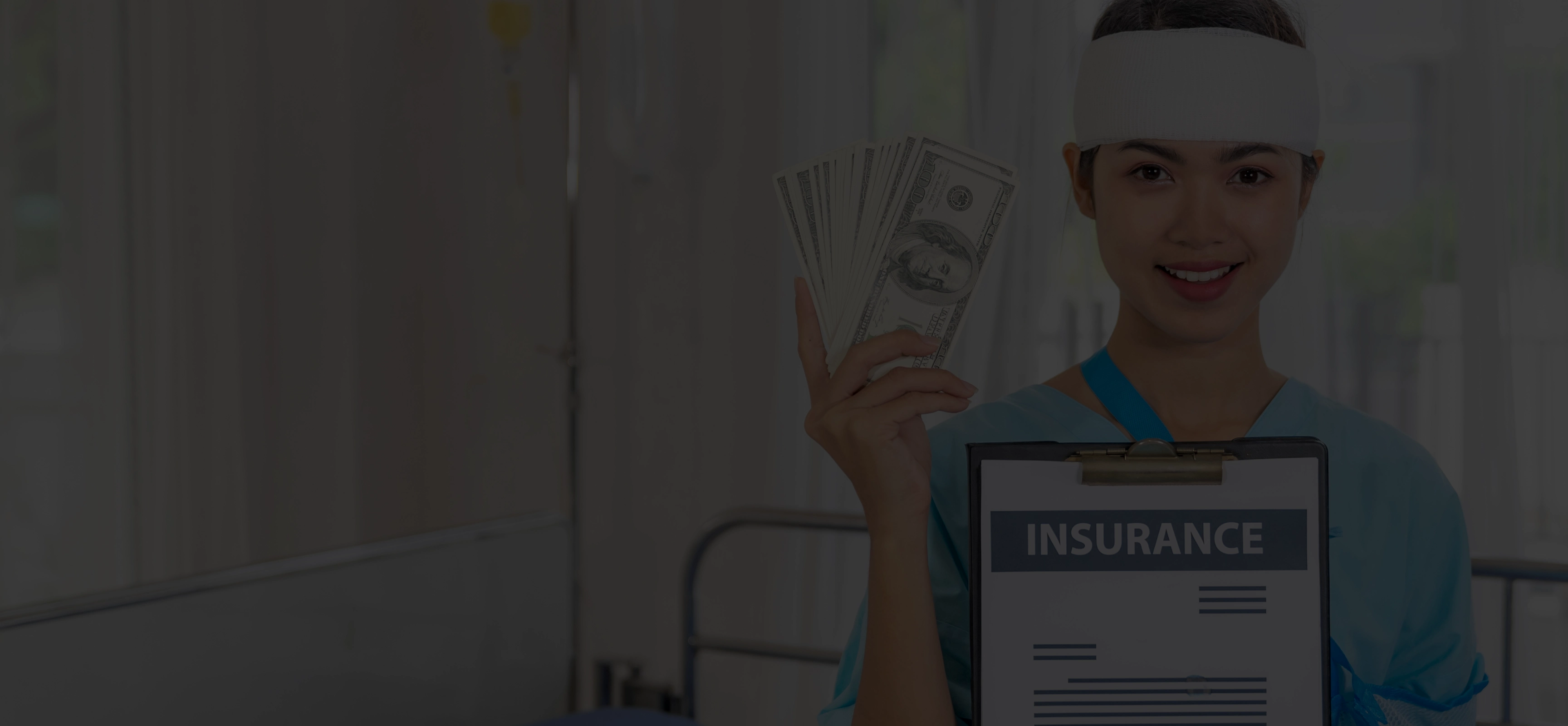 Smiling woman in medical scrubs holding a clipboard with 'INSURANCE' text and a fan of US dollar bills.